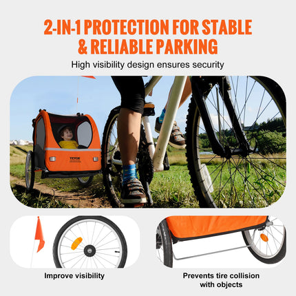 Bike Trailer for Toddlers, Kids, Double Seat, 45 kg Load, 2-In-1 Canopy Carrier Converts to Stroller, Tow Behind Foldable Child Bicycle Trailer with Universal Bicycle Coupler, Orange and Gray.