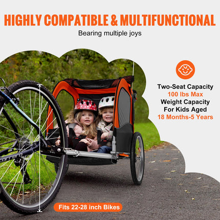 Bike Trailer for Toddlers, Kids, Double Seat, 45 kg Load, 2-In-1 Canopy Carrier Converts to Stroller, Tow Behind Foldable Child Bicycle Trailer with Universal Bicycle Coupler, Orange and Gray.