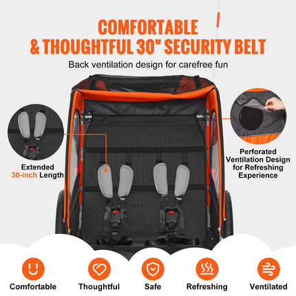 Bike Trailer for Toddlers, Kids, Double Seat, 45 kg Load, 2-In-1 Canopy Carrier Converts to Stroller, Tow Behind Foldable Child Bicycle Trailer with Universal Bicycle Coupler, Orange and Gray.