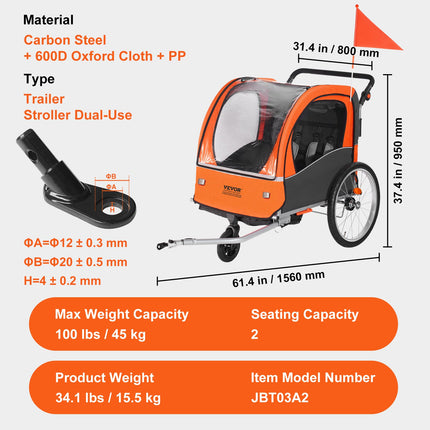 Bike Trailer for Toddlers, Kids, Double Seat, 45 kg Load, 2-In-1 Canopy Carrier Converts to Stroller, Tow Behind Foldable Child Bicycle Trailer with Universal Bicycle Coupler, Orange and Gray.