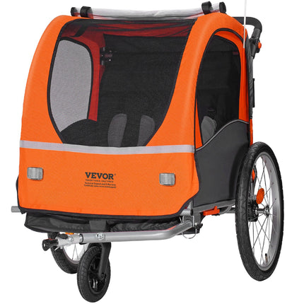 Bike Trailer for Toddlers, Kids, Double Seat, 45 kg Load, 2-In-1 Canopy Carrier Converts to Stroller, Tow Behind Foldable Child Bicycle Trailer with Universal Bicycle Coupler, Orange and Gray.