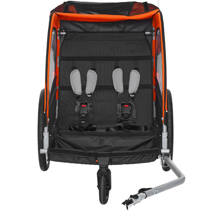 Bike Trailer for Toddlers, Kids, Double Seat, 45 kg Load, 2-In-1 Canopy Carrier Converts to Stroller, Tow Behind Foldable Child Bicycle Trailer with Universal Bicycle Coupler, Orange and Gray.