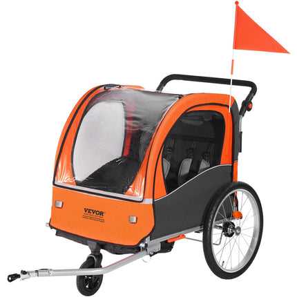 Bike Trailer for Toddlers, Kids, Double Seat, 45 kg Load, 2-In-1 Canopy Carrier Converts to Stroller, Tow Behind Foldable Child Bicycle Trailer with Universal Bicycle Coupler, Orange and Gray.