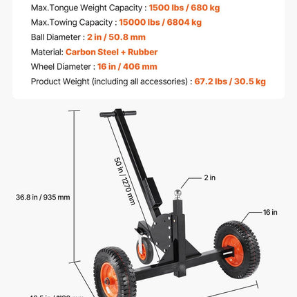 Trailer Dolly, 1500lbs Tongue Weight Capacity, 2 in 1 Trailer Mover with 2 in Ball, 16 in Pneumatic Tires and Universal Wheel, Portable Tow Dolly for Moving Car RV Trailer.