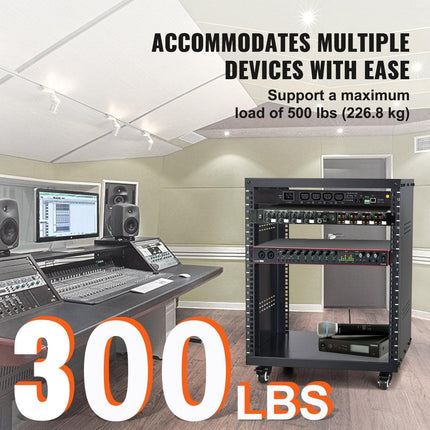 12U AV Rack Stand, 136.08kg Capacity, Network Stereo Recording Studio Rack with Lockable Caster Wheels Round & Square Holes, Special Vent for 482.6 mm Audio Video Musical & IT Equipment Mounting.