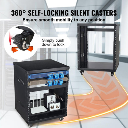 12U AV Rack Stand, 136.08kg Capacity, Network Stereo Recording Studio Rack with Lockable Caster Wheels Round & Square Holes, Special Vent for 482.6 mm Audio Video Musical & IT Equipment Mounting.