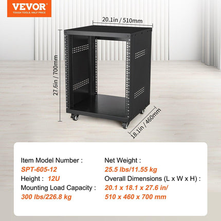 12U AV Rack Stand, 136.08kg Capacity, Network Stereo Recording Studio Rack with Lockable Caster Wheels Round & Square Holes, Special Vent for 482.6 mm Audio Video Musical & IT Equipment Mounting.