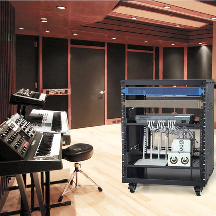 12U AV Rack Stand, 136.08kg Capacity, Network Stereo Recording Studio Rack with Lockable Caster Wheels Round & Square Holes, Special Vent for 482.6 mm Audio Video Musical & IT Equipment Mounting.