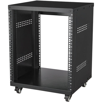 12U AV Rack Stand, 136.08kg Capacity, Network Stereo Recording Studio Rack with Lockable Caster Wheels Round & Square Holes, Special Vent for 482.6 mm Audio Video Musical & IT Equipment Mounting.
