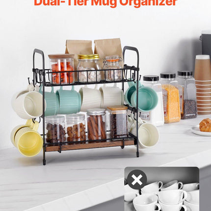 2 Tier Coffee Bar Organizer for Countertop w/ 12 Movable Hooks Mug Holder.