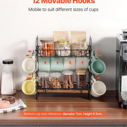 2 Tier Coffee Bar Organizer for Countertop w/ 12 Movable Hooks Mug Holder.