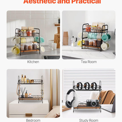 2 Tier Coffee Bar Organizer for Countertop w/ 12 Movable Hooks Mug Holder.