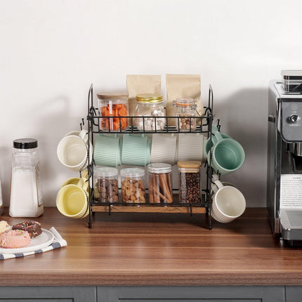 2 Tier Coffee Bar Organizer for Countertop w/ 12 Movable Hooks Mug Holder.