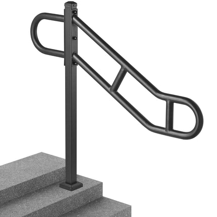 Single Post Handrail for Outdoor 1-3 Steps, 40.5" L x 35.4" H Metal Bent Stair Handrails, Floor Mounted Carbon Steel Stair Railing, U-Shaped Post Grab Rails with 2 Anti-Skid Crossbar for Garage.
