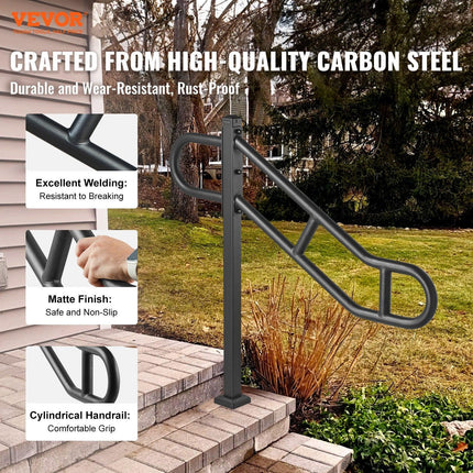 Single Post Handrail for Outdoor 1-3 Steps, 40.5" L x 35.4" H Metal Bent Stair Handrails, Floor Mounted Carbon Steel Stair Railing, U-Shaped Post Grab Rails with 2 Anti-Skid Crossbar for Garage.
