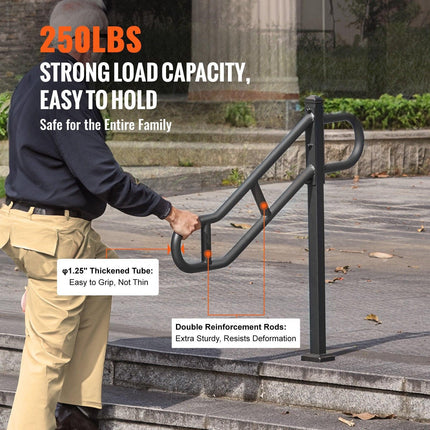 Single Post Handrail for Outdoor 1-3 Steps, 40.5" L x 35.4" H Metal Bent Stair Handrails, Floor Mounted Carbon Steel Stair Railing, U-Shaped Post Grab Rails with 2 Anti-Skid Crossbar for Garage.