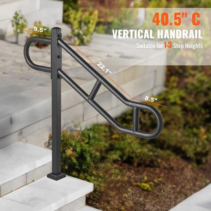 Single Post Handrail for Outdoor 1-3 Steps, 40.5" L x 35.4" H Metal Bent Stair Handrails, Floor Mounted Carbon Steel Stair Railing, U-Shaped Post Grab Rails with 2 Anti-Skid Crossbar for Garage.