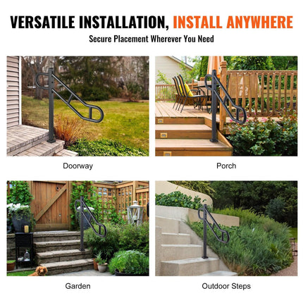 Single Post Handrail for Outdoor 1-3 Steps, 40.5" L x 35.4" H Metal Bent Stair Handrails, Floor Mounted Carbon Steel Stair Railing, U-Shaped Post Grab Rails with 2 Anti-Skid Crossbar for Garage.