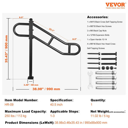 Single Post Handrail for Outdoor 1-3 Steps, 40.5" L x 35.4" H Metal Bent Stair Handrails, Floor Mounted Carbon Steel Stair Railing, U-Shaped Post Grab Rails with 2 Anti-Skid Crossbar for Garage.
