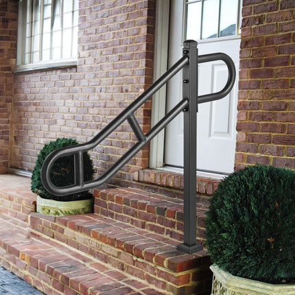 Single Post Handrail for Outdoor 1-3 Steps, 40.5" L x 35.4" H Metal Bent Stair Handrails, Floor Mounted Carbon Steel Stair Railing, U-Shaped Post Grab Rails with 2 Anti-Skid Crossbar for Garage.