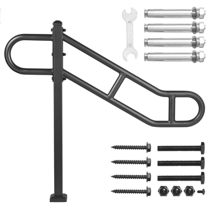 Single Post Handrail for Outdoor 1-3 Steps, 40.5" L x 35.4" H Metal Bent Stair Handrails, Floor Mounted Carbon Steel Stair Railing, U-Shaped Post Grab Rails with 2 Anti-Skid Crossbar for Garage.