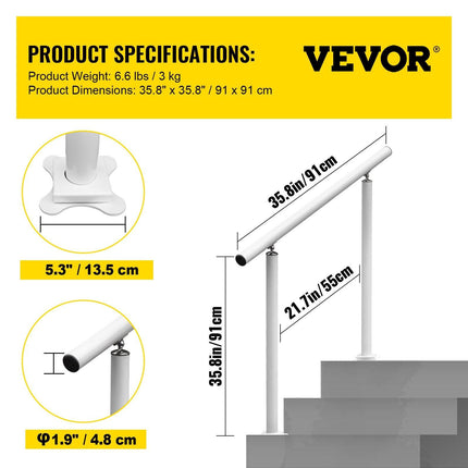 Handrail Outdoor Stairs, 3ft, 34 Inch Outdoor Handrail, Outdoor Stair Railing Adjustable from 0 to 60 Degrees Handrail for Stairs Outdoor White Aluminum Stair Railing for Garden, Office Area.
