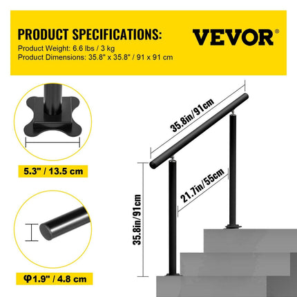 Handrail Outdoor Stairs, 3ft, 34 Inch Outdoor Handrail, Outdoor Stair Railing Adjustable from 0 to 60 Degrees Handrail for Stairs Outdoor Black Aluminum Stair Railing for Garden, Office Area.