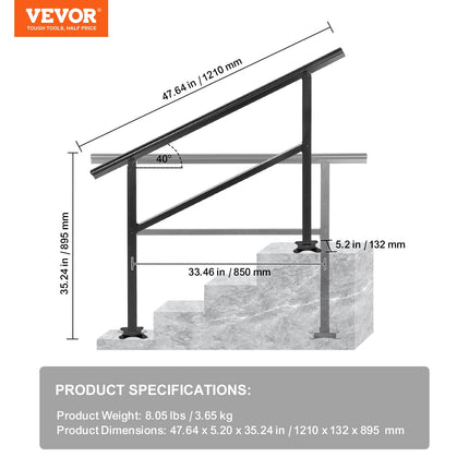 Handrail Outdoor Stairs 47.6 X 35.2 Inch Outdoor Handrail Outdoor Stair Railing Adjustable from 0 to 30 Degrees Handrail for Stairs Outdoor Aluminum Black Stair Railing Fit 3-4 Steps.