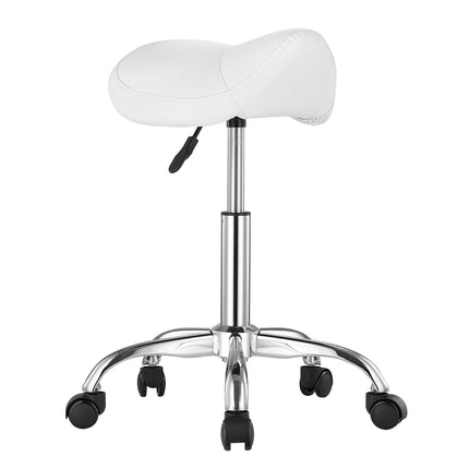 Saddle Rolling Stool, PU Leather Rolling Stool with Wheels, 360° Swivel Drafting Stool with Thickened Cushion, Height Adjustable Rolling Work SPA Stool, for Office, Home, Salon & Bar, White.