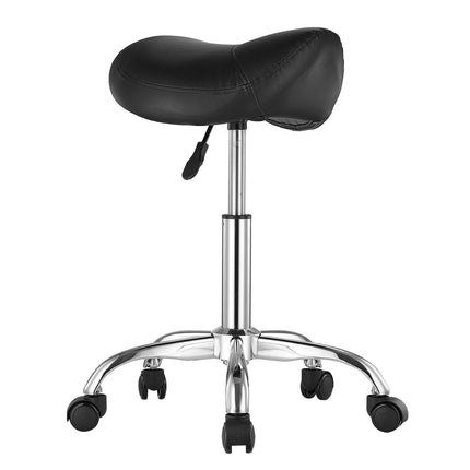 Saddle Rolling Stool, PU Leather Rolling Stool with Wheels, 360° Swivel Drafting Stool with Thickened Cushion, Height Adjustable Rolling Work SPA Stool, for Office, Home, Salon & Bar, Black.