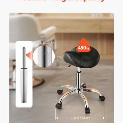 Saddle Rolling Stool, PU Leather Rolling Stool with Wheels, 360° Swivel Drafting Stool with Thickened Cushion, Height Adjustable Rolling Work SPA Stool, for Office, Home, Salon & Bar, Black.