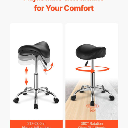 Saddle Rolling Stool, PU Leather Rolling Stool with Wheels, 360° Swivel Drafting Stool with Thickened Cushion, Height Adjustable Rolling Work SPA Stool, for Office, Home, Salon & Bar, Black.