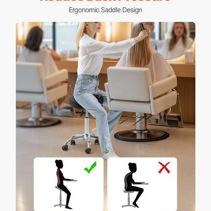 Saddle Rolling Stool, PU Leather Rolling Stool with Wheels, 360° Swivel Drafting Stool with Thickened Cushion, Height Adjustable Rolling Work SPA Stool, for Office, Home, Salon & Bar, Black.