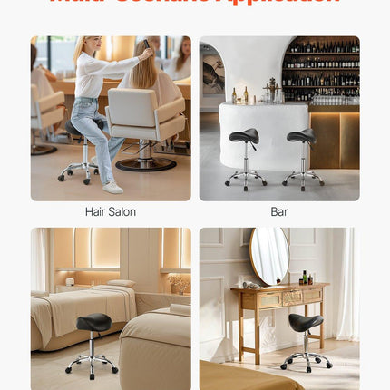 Saddle Rolling Stool, PU Leather Rolling Stool with Wheels, 360° Swivel Drafting Stool with Thickened Cushion, Height Adjustable Rolling Work SPA Stool, for Office, Home, Salon & Bar, Black.