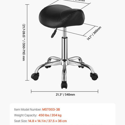 Saddle Rolling Stool, PU Leather Rolling Stool with Wheels, 360° Swivel Drafting Stool with Thickened Cushion, Height Adjustable Rolling Work SPA Stool, for Office, Home, Salon & Bar, Black.