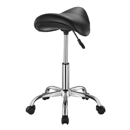 Saddle Rolling Stool, PU Leather Rolling Stool with Wheels, 360° Swivel Drafting Stool with Thickened Cushion, Height Adjustable Rolling Work SPA Stool, for Office, Home, Salon & Bar, Black.