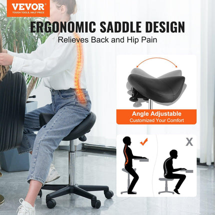 Saddle Stool with Wheels, 400 LBS Weight Capacity Ergonomic Rolling Saddle Stool, Height Adjustable Thickened PU Leather Swivel Saddle Stools Chair for Salon, Spa, Tattoo, Clinic, Black.