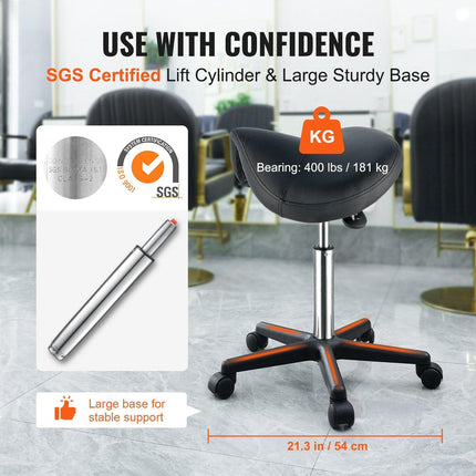 Saddle Stool with Wheels, 400 LBS Weight Capacity Ergonomic Rolling Saddle Stool, Height Adjustable Thickened PU Leather Swivel Saddle Stools Chair for Salon, Spa, Tattoo, Clinic, Black.