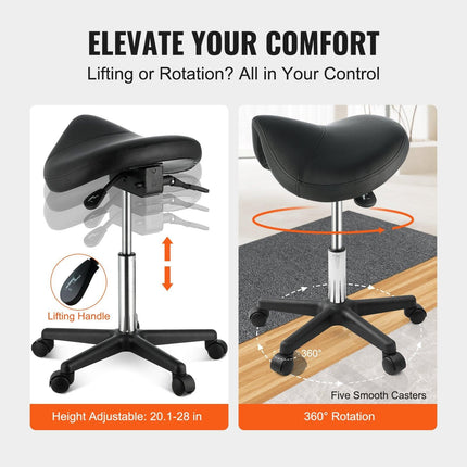 Saddle Stool with Wheels, 400 LBS Weight Capacity Ergonomic Rolling Saddle Stool, Height Adjustable Thickened PU Leather Swivel Saddle Stools Chair for Salon, Spa, Tattoo, Clinic, Black.