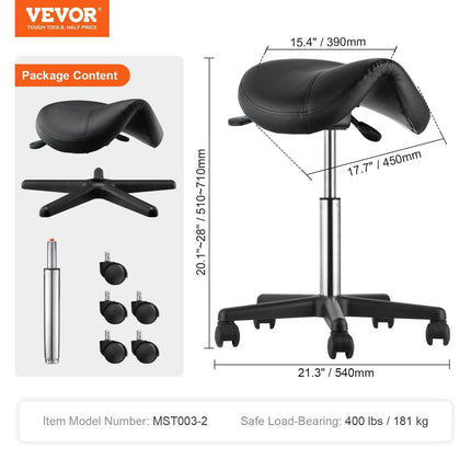 Saddle Stool with Wheels, 400 LBS Weight Capacity Ergonomic Rolling Saddle Stool, Height Adjustable Thickened PU Leather Swivel Saddle Stools Chair for Salon, Spa, Tattoo, Clinic, Black.