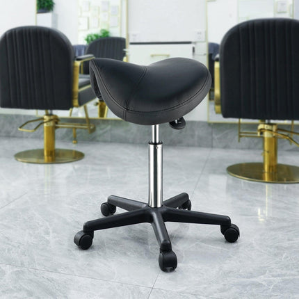 Saddle Stool with Wheels, 400 LBS Weight Capacity Ergonomic Rolling Saddle Stool, Height Adjustable Thickened PU Leather Swivel Saddle Stools Chair for Salon, Spa, Tattoo, Clinic, Black.