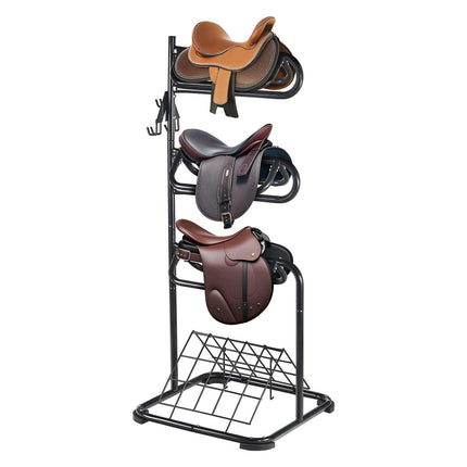 Freestanding Saddle Stand, 30 x 30 x 68.5 in, 3 Tiers Saddle Rack, Heavy Duty Saddle Blanket Holder with Removable & Rotating Tiers, English & Western Saddle Rack for Tack Room Organization.