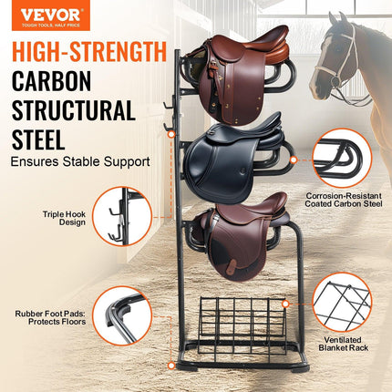 Freestanding Saddle Stand, 30 x 30 x 68.5 in, 3 Tiers Saddle Rack, Heavy Duty Saddle Blanket Holder with Removable & Rotating Tiers, English & Western Saddle Rack for Tack Room Organization.