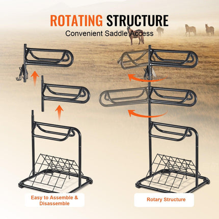 Freestanding Saddle Stand, 30 x 30 x 68.5 in, 3 Tiers Saddle Rack, Heavy Duty Saddle Blanket Holder with Removable & Rotating Tiers, English & Western Saddle Rack for Tack Room Organization.