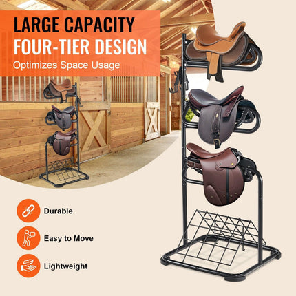 Freestanding Saddle Stand, 30 x 30 x 68.5 in, 3 Tiers Saddle Rack, Heavy Duty Saddle Blanket Holder with Removable & Rotating Tiers, English & Western Saddle Rack for Tack Room Organization.