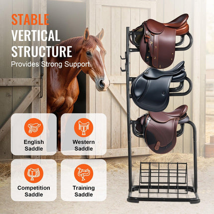 Freestanding Saddle Stand, 30 x 30 x 68.5 in, 3 Tiers Saddle Rack, Heavy Duty Saddle Blanket Holder with Removable & Rotating Tiers, English & Western Saddle Rack for Tack Room Organization.