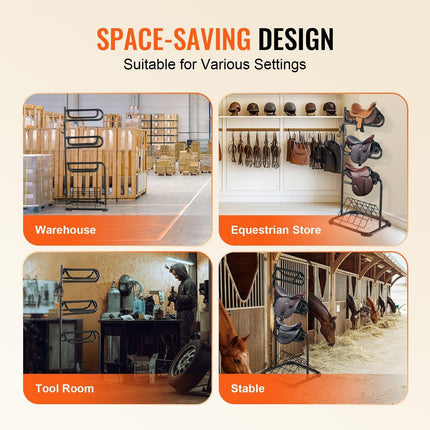 Freestanding Saddle Stand, 30 x 30 x 68.5 in, 3 Tiers Saddle Rack, Heavy Duty Saddle Blanket Holder with Removable & Rotating Tiers, English & Western Saddle Rack for Tack Room Organization.