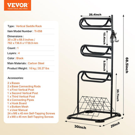 Freestanding Saddle Stand, 30 x 30 x 68.5 in, 3 Tiers Saddle Rack, Heavy Duty Saddle Blanket Holder with Removable & Rotating Tiers, English & Western Saddle Rack for Tack Room Organization.