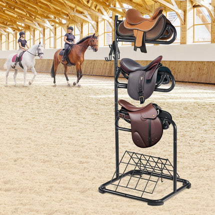 Freestanding Saddle Stand, 30 x 30 x 68.5 in, 3 Tiers Saddle Rack, Heavy Duty Saddle Blanket Holder with Removable & Rotating Tiers, English & Western Saddle Rack for Tack Room Organization.