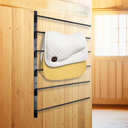 Wall Mounted Saddle Rack, 30.9 x 29.9 x 5.5 in, Swing Out Saddle Holder, Six Tiers Horse Saddle Stand, Space Saving Horse Pad and Blanket Rack for Tack Room Organization Trailer Accessories.